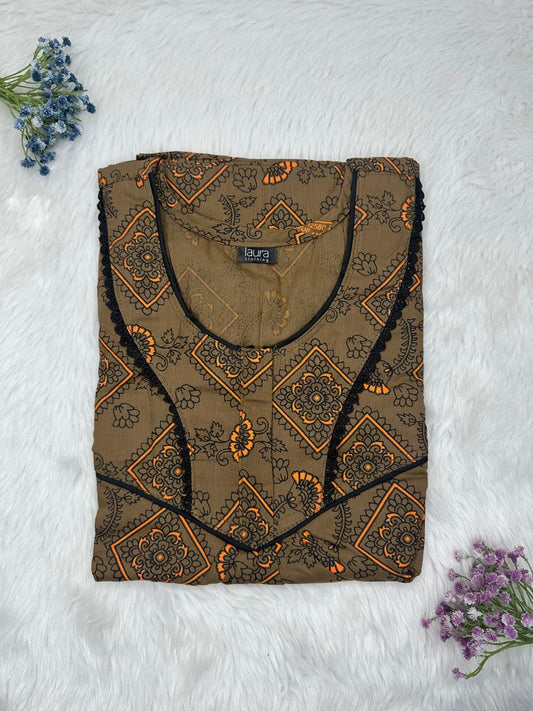 Pastel Brown Printed Round Neck Normal Zip Pure Cotton Nighty Free Size Short Sleeve (Suits for bra size 34″- 40″ | 54-56 inch length)