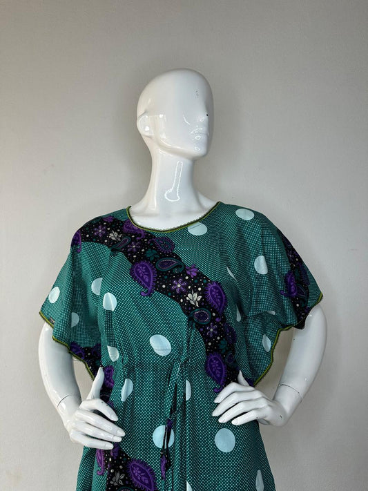 Midnight Green and Indigo Pure Cotton V-Neck Kaftan With Matching Border Lace And Adjustable Tie Free Size (Suits for bra size 34″- 40″) | 54-56 Inch Length