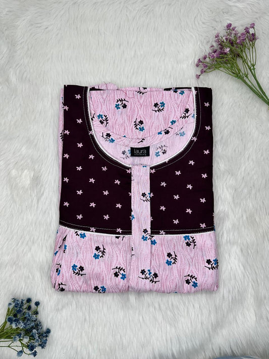 Thistle and Onyx Printed Round Neck Pleated Pure Cotton Feeding Nighty With Two Side Vertical Zip and Single Centre Zip Free Size Short Sleeve (Suits for bra size 34″- 40″ | 54-56 inch length)