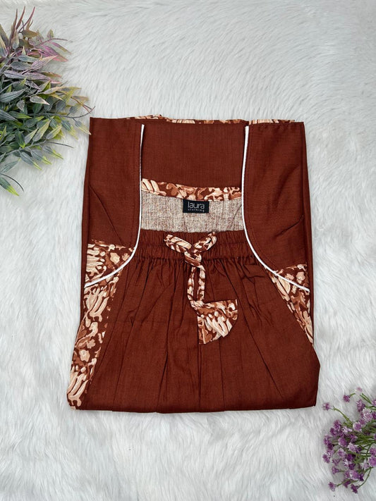 Caput Mortuum Printed Cotton Square Neck Elastic Pleated Nighty Free Size Short Sleeve (Suits for bra size 34″- 40″ | 54-56 inch length)