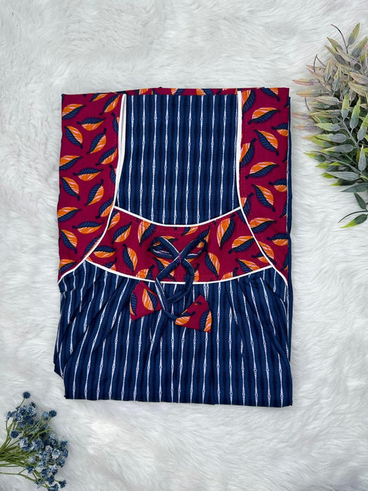 Cool Black and Burgundy Printed Front and Pleated Pure Cotton Nighty Free Size Short Sleeve (Suits for bra size 34″- 40″ | 54-56 inch length)