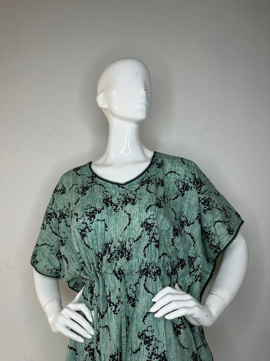 Feldgrau and Onyx printed Pure Cotton V-Neck Kaftan With Matching Border Lace And Adjustable Tie Free Size (Suits for bra size 34″- 40″) | 54-56 Inch Length