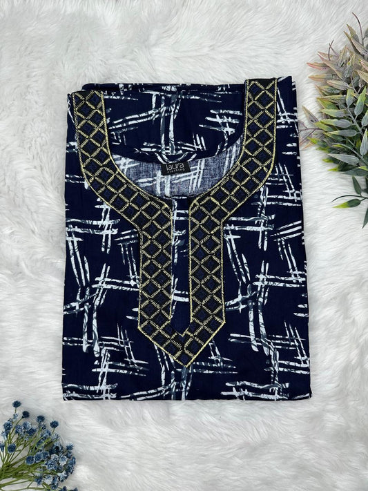 Oxford Blue and Lavender Gray Printed Normal Zip Pure Cotton Matching Neck Embroidery Nighty Free Size Short Sleeve (Suits for bra size 34″- 40″ | 54-56 inch length)