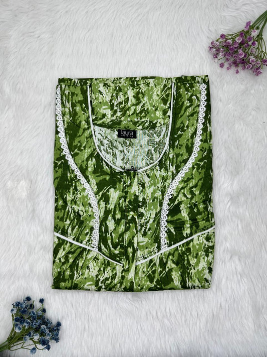 Olive Drab Printed Round Neck Centre Long 12" Zip Pure Cotton Feeding Nighty Free Size Short Sleeve (Suits for bra size 34″- 40″ | 54-56 inch length)