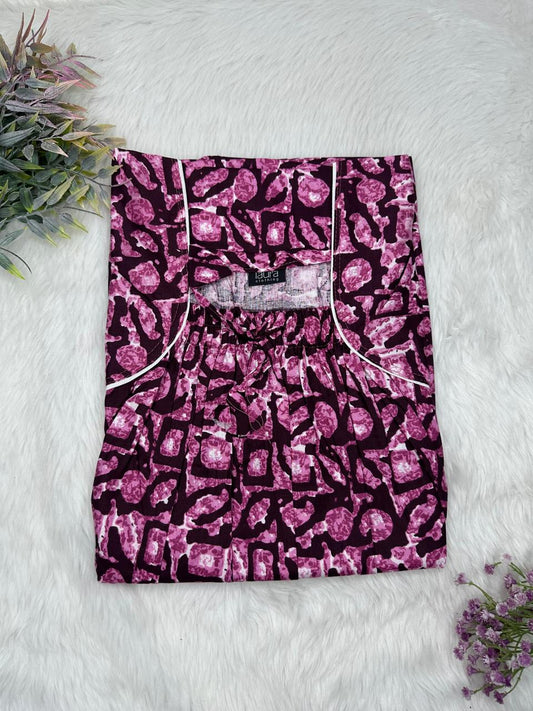 Dark Raspberry Printed Cotton Square Neck Elastic Pleated Nighty Free Size Short Sleeve (Suits for bra size 34″- 40″ | 54-56 inch length)