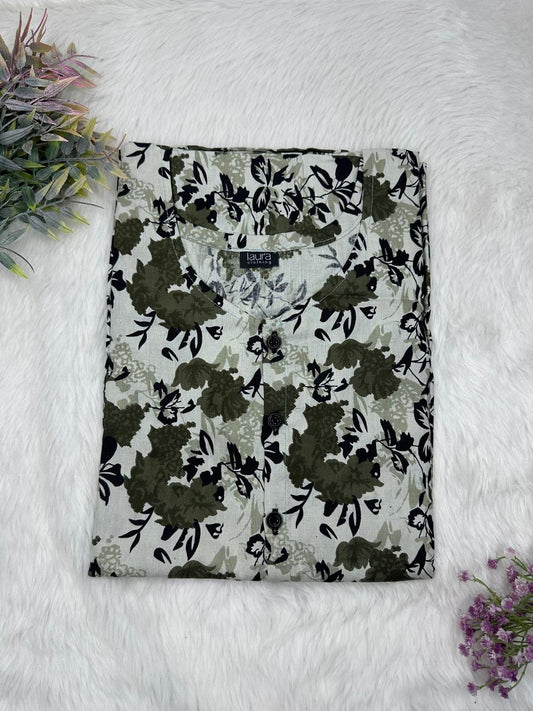 Dark Gray and Rifle Green Printed Round Neck Pure Cotton Full Open Button Labour Room Nighty Free Size Short Sleeve (Suits for bra size 34″- 40″ | 54-56 inch length)