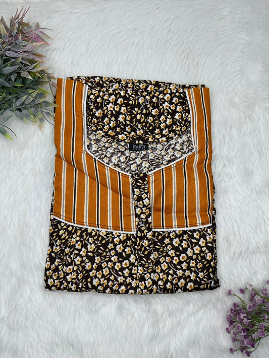 Light Brown and Smoky Black Printed Square Neck Pleated Pure Cotton Feeding Nighty With Two Side Vertical Zip and Single Centre Zip Free Size Short Sleeve (Suits for bra size 34″- 40″ | 54-56 inch length)