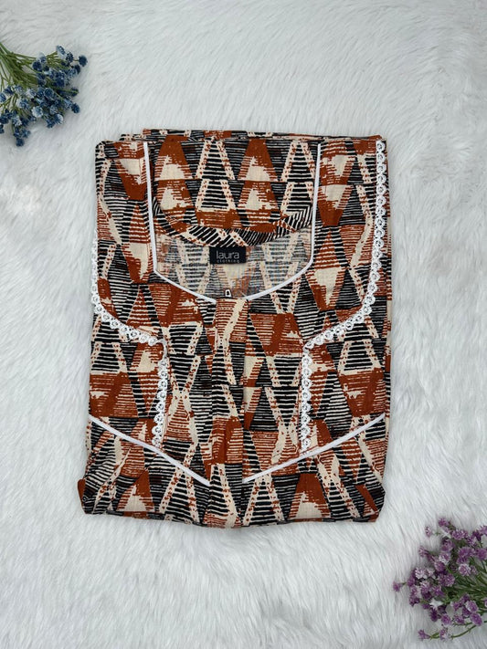 Light Taupe and Caput Mortuum Printed Square Neck Centre Long 12" Zip Pure Cotton Feeding Nighty Free Size Short Sleeve (Suits for bra size 34″- 40″ | 54-56 inch length)