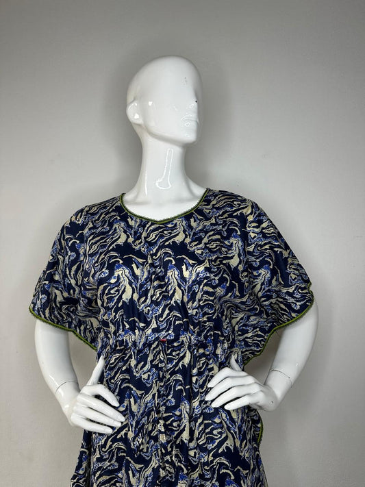 Dark Gray and Cool Black printed Pure Cotton V-Neck Kaftan With Matching Border Lace And Adjustable Tie Free Size (Suits for bra size 34″- 40″) | 54-56 Inch Length