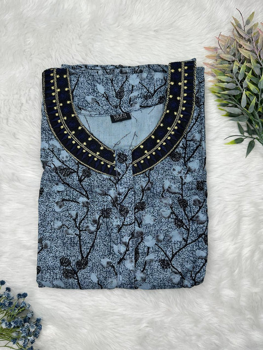 Payne Grey Printed 12" Long Zip Matching Embroidery Neck Pure Cotton Feeding Nighty Plus Size Short Sleeve (Suits for bra size 40″- 46″ | 54"-56" inch length)