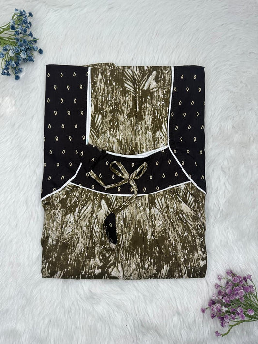Umber and Dark Gray Printed Front and Back Pleated Pure Cotton Nighty Free Size Short Sleeve (Suits for bra size 34″- 40″ | 54-56 inch length)
