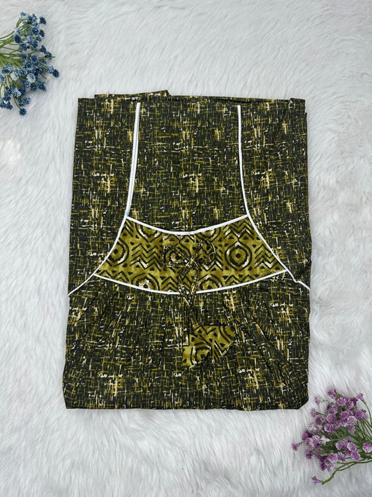 Dark Jungle Green Printed Front and Back Pleated Pure Cotton Nighty Free Size Short Sleeve (Suits for bra size 34″- 40″ | 54-56 inch length)