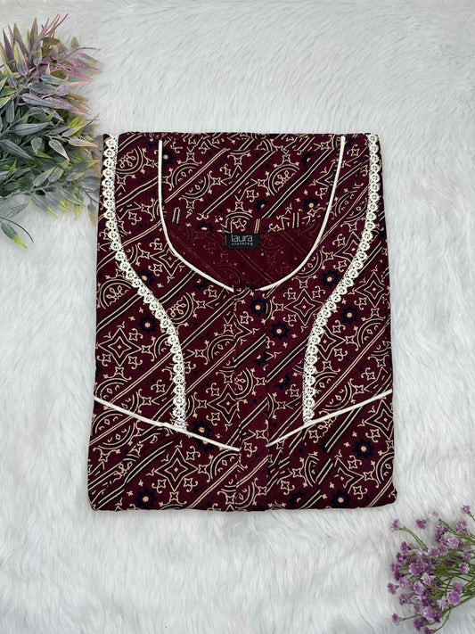 Seal brown Printed Round Neck Centre Long 12" Zip Pure Cotton Feeding Nighty Free Size Short Sleeve (Suits for bra size 34″- 40″ | 54-56 inch length)