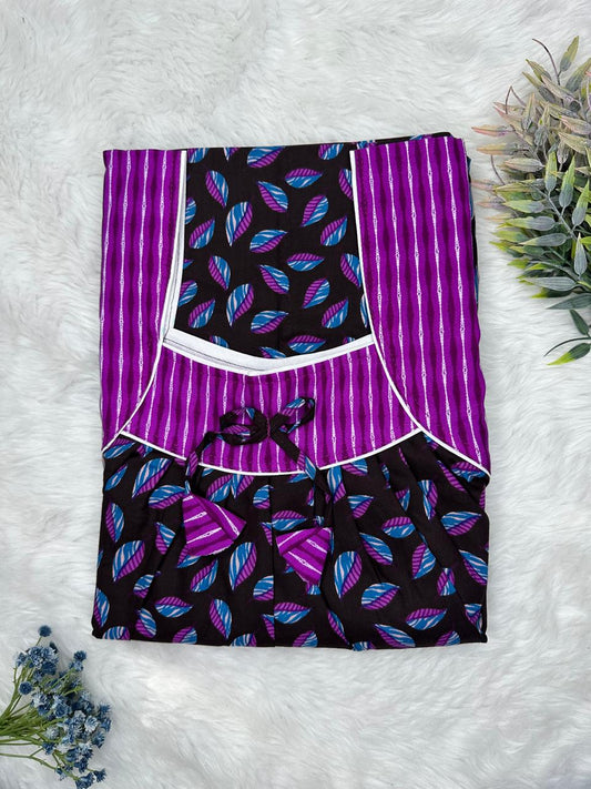 Dark Magenta and Onyx Printed Front and  Pleated Pure Cotton Nighty Free Size Short Sleeve (Suits for bra size 34″- 40″ | 54-56 inch length)