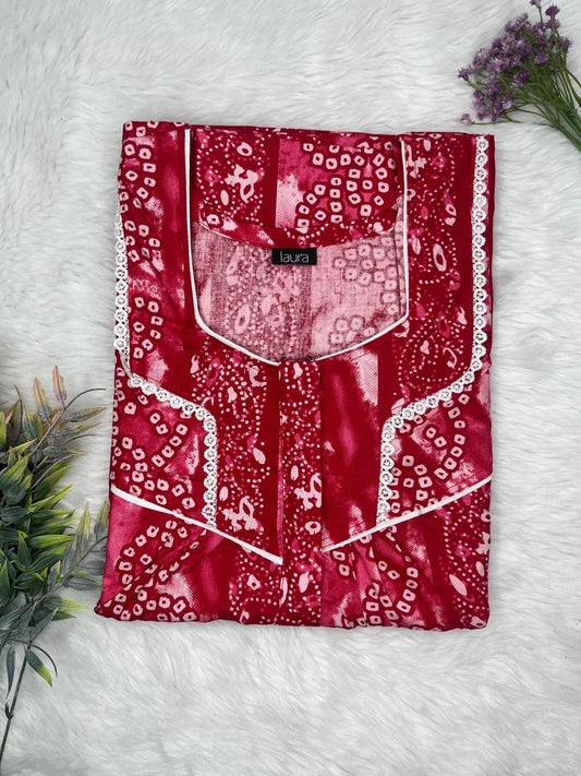 Falu Red Printed Mix and Match Square Neck Centre Long 12" Zip Pure Cotton Feeding Nighty Free Size Short Sleeve (Suits for bra size 34″- 40″ | 54-56 inch length)