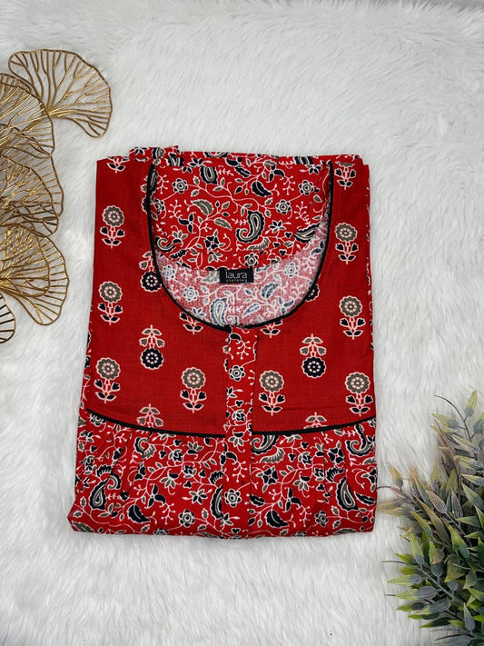 Dark Red Printed Mix N Match Round Neck Pleated Cotton Nighty With Centre -8″ Zip Short Sleeve Free Size (Suits for bra size 34″- 40″ | 54-56 inch length