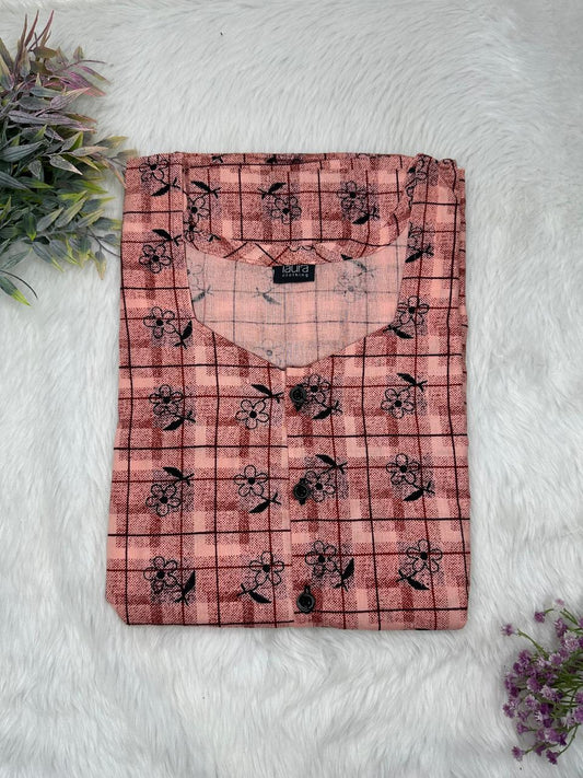 Old Rose Printed Round Neck Pure Cotton Full Open Button Labour Room Nighty Free Size Short Sleeve (Suits for bra size 34″- 40″ | 54-56 inch length)