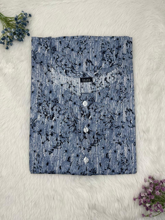 Slate Gray Printed Round Neck Pure Cotton Full Open Button Labour Room Nighty Free Size Short Sleeve (Suits for bra size 34″- 40″ | 54-56 inch length)