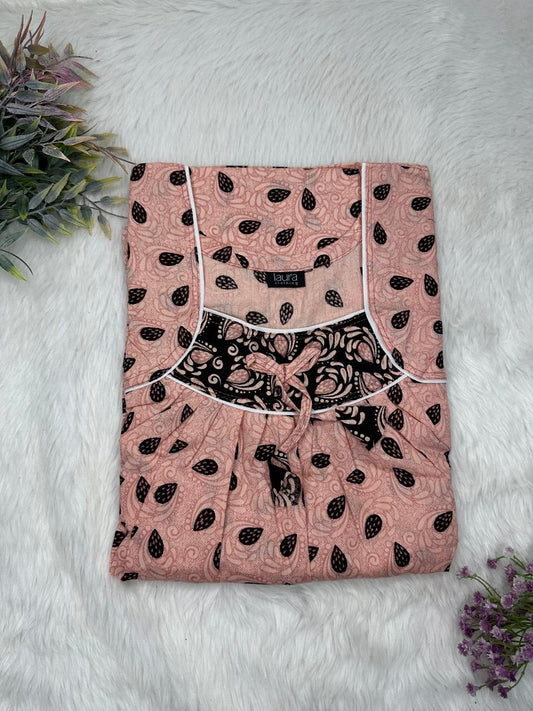 Rosy Brown Printed Square Neck No Zip Pleated Pure Cotton Nighty Free Size Short Sleeve (Suits for bra size 34″- 40″ | 54-56 inch length)