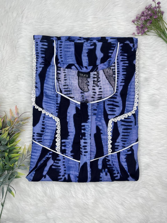 Dark Slate Blue Printed Mix and Match Square Neck Centre Long 12" Zip Pure Cotton Feeding Nighty Free Size Short Sleeve (Suits for bra size 34″- 40″ | 54-56 inch length)