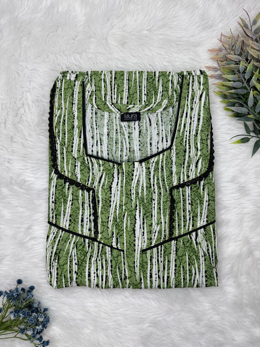 Fern Green Printed Square Neck Centre Long 12" Zip Pure Cotton Feeding Nighty Free Size Short Sleeve (Suits for bra size 34″- 40″ | 54-56 inch length)