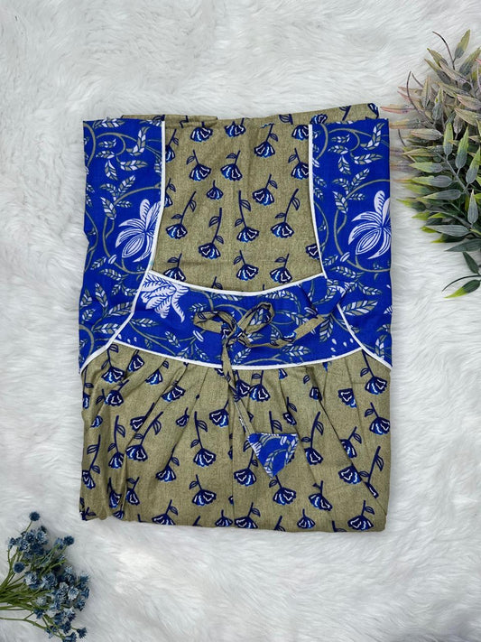 Dark Tan and Smalt Printed Front and Pleated Pure Cotton Nighty Free Size Short Sleeve (Suits for bra size 34″- 40″ | 54-56 inch length)