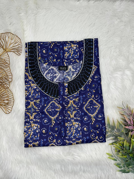 Oxford Blue Printed Normal Zip Pure Cotton Matching Neck Embroidery Feeding Nighty Free Size Short Sleeve (Suits for bra size 34″- 40″ | 54-56 inch length)