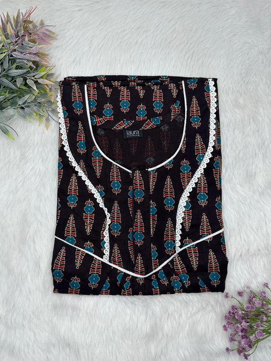 Onyx and Prussian Blue Printed Round Neck Normal Zip Pure Cotton Nighty Free Size Short Sleeve (Suits for bra size 34″- 40″ | 54-56 inch length)