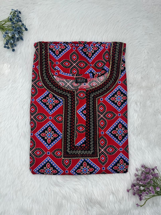 Dark Red Printed Normal Zip Pure Cotton Matching Neck Embroidery Nighty Free Size Short Sleeve (Suits for bra size 34″- 40″ | 54-56 inch length)