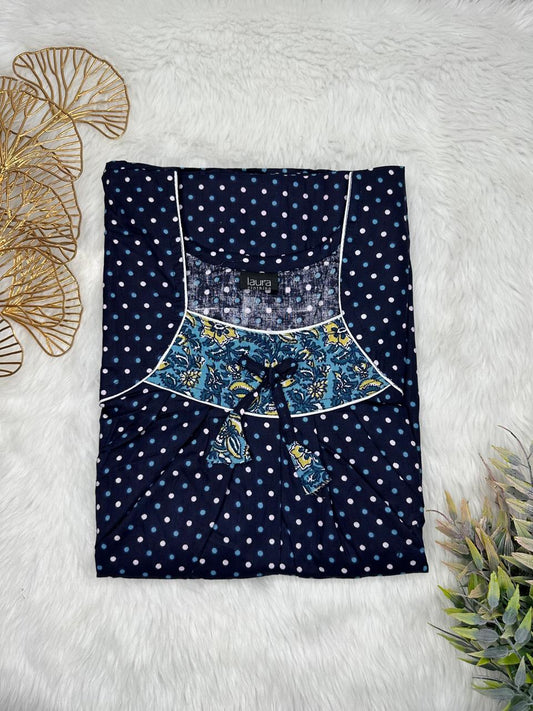 Oxford Blue Floral Printed Square Neck No Zip Pleated Pure Cotton Nighty Free Size Short Sleeve (Suits for bra size 34″- 40″ | 54-56 inch length)