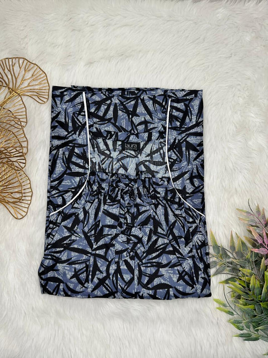 Cadet Grey and Onyx Printed Pure Cotton Square Neck Elastic Pleated Nighty Free Size Short Sleeve (Suits for bra size 34″- 40″ | 54-56 inch length)