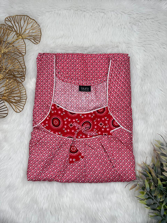 Vivid Burgundy Floral Printed Square Neck No Zip Pleated Pure Cotton Nighty Free Size Short Sleeve (Suits for bra size 34″- 40″ | 54-56 inch length)