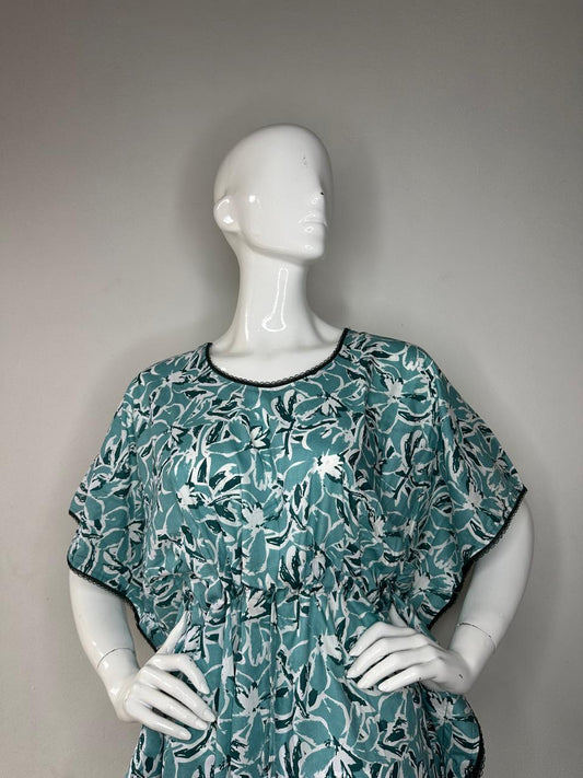 Cadet Blue and Gainsboro printed Pure Cotton V-Neck Kaftan With Matching Border Lace And Adjustable Tie Free Size (Suits for bra size 34″- 40″) | 54-56 Inch Length