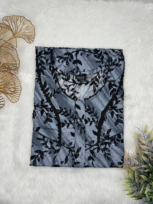 Charcoal Printed Round Neck Centre Long 12" Zip Pure Cotton Feeding Nighty Free Size Short Sleeve (Suits for bra size 34″- 40″ | 54-56 inch length)