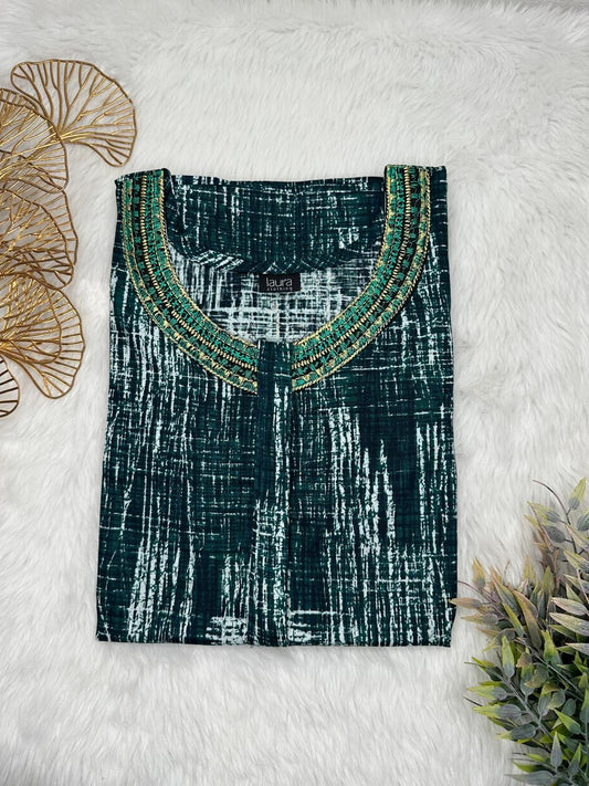 Medium Jungle Green and Dark Gray Printed 12" Long Zip Pure Cotton Matching Neck Embroidery Feeding Nighty Free Size Short Sleeve (Suits for bra size 34″- 40″ | 54-56 inch length)