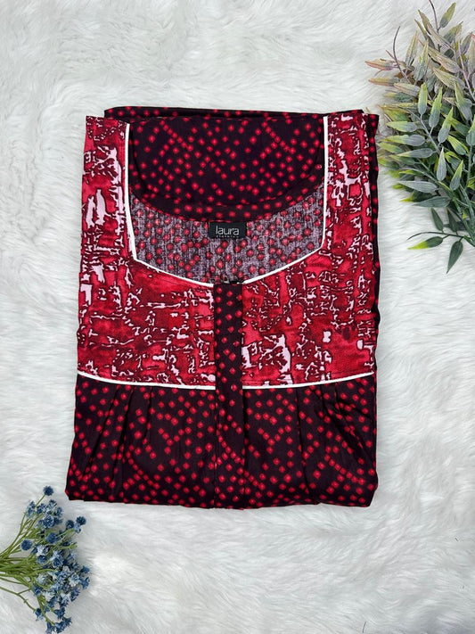 Seal Brown Printed Mix N Match Square Neck Pleated Cotton Nighty With Centre -8″ Zip Short Sleeve Free Size (Suits for bra size 34″- 40″ | 54-56 inch length )