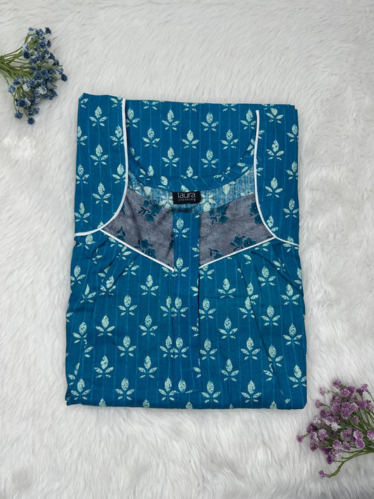 Dark Cerulean Printed Square Neck Pleated Zip Pure Cotton Nighty Free Size Short Sleeve (Suits for bra size 34″- 40″ | 54-56 inch length)