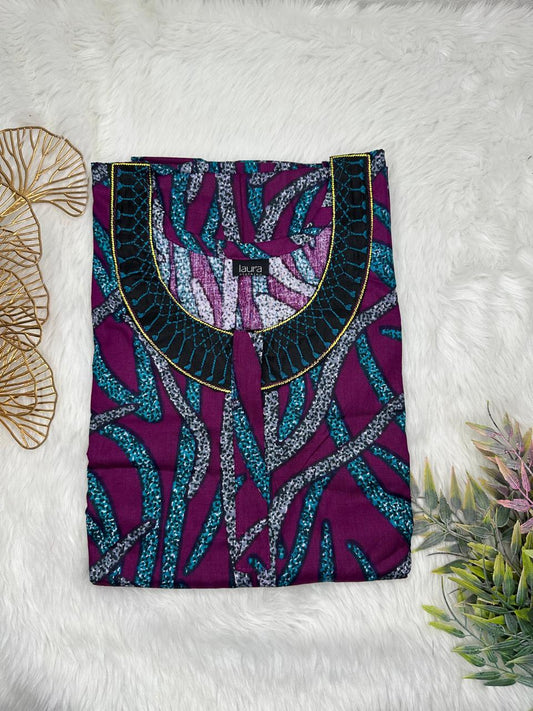 Tyrian Purple Printed Normal Zip Pure Cotton Matching Neck Embroidery Feeding Nighty Free Size Short Sleeve (Suits for bra size 34″- 40″ | 54-56 inch length)