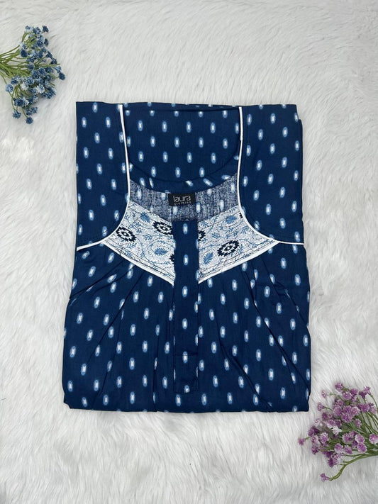 Oxford Blue Printed Square Neck Pleated Zip Pure Cotton Nighty Free Size Short Sleeve (Suits for bra size 34″- 40″ | 54-56 inch length)