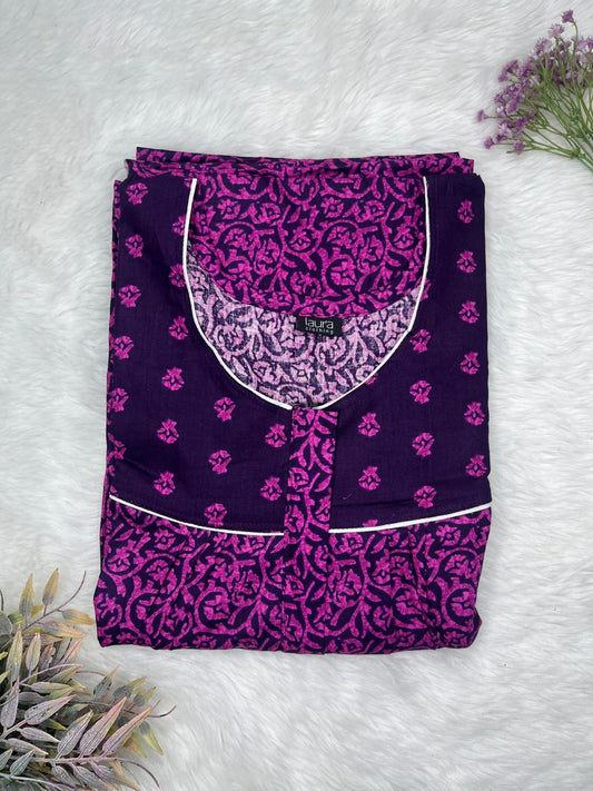 Oxford Blue and Fandango Printed Mix N Match Square Neck Pleated Cotton Nighty With Centre -8″ Zip Short Sleeve Free Size (Suits for bra size 34″- 40″ | 54-56 inch length)