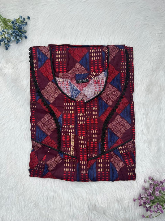 Dark Sienna Printed Round Neck Centre Long 12" Zip Pure Cotton Feeding Nighty Free Size Short Sleeve (Suits for bra size 34″- 40″ | 54-56 inch length)