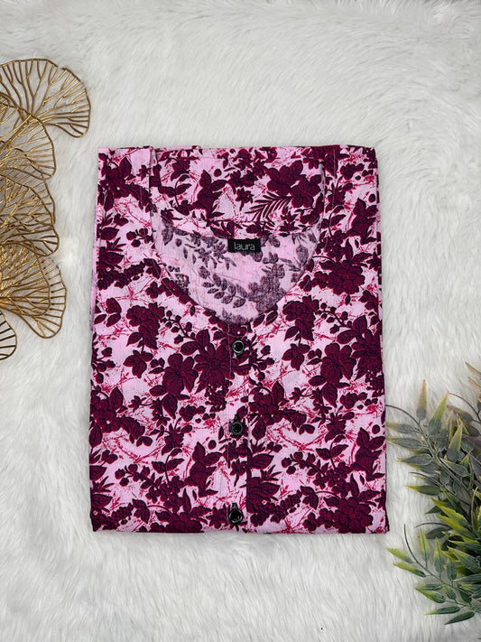Lavender Pink and Tyrian Purple Printed Round Neck Pure Cotton Full Open Button Labour Room Nighty Free Size Short Sleeve (Suits for bra size 34″- 40″ | 54-56 inch length)