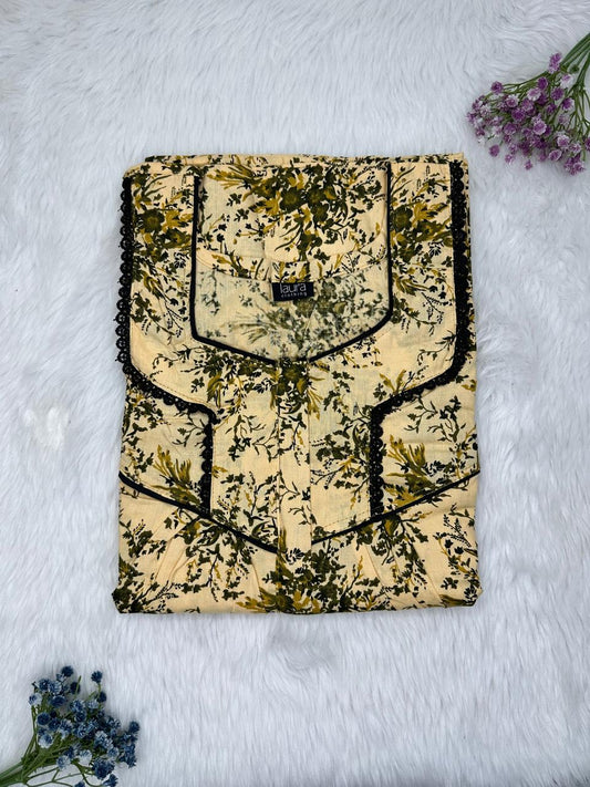 Champagne Printed Square Neck Centre Long 12" Zip Pure Cotton Feeding Nighty Free Size Short Sleeve (Suits for bra size 34″- 40″ | 54-56 inch length)