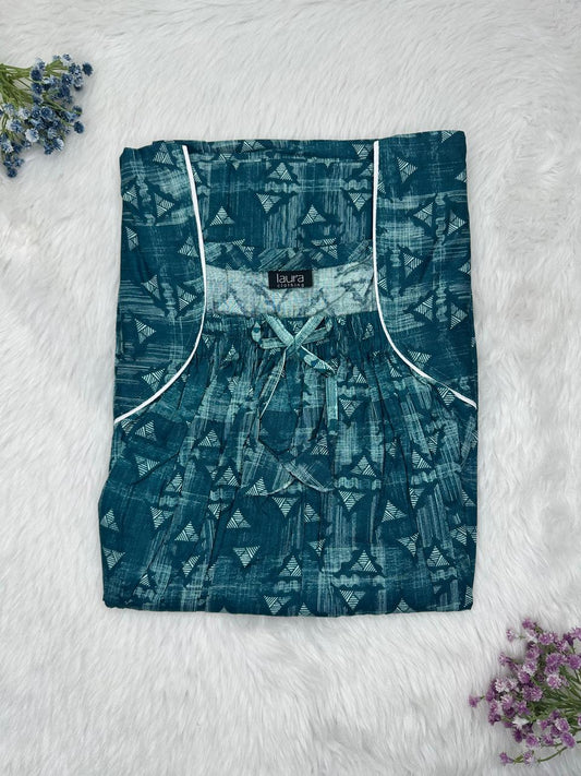 Midnight Green Printed Cotton Square Neck Elastic Pleated Nighty Free Size Short Sleeve (Suits for bra size 34″- 40″ | 54-56 inch length)