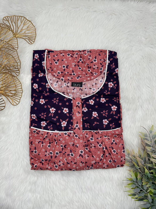 Rose Vale Printed Mix N Match Round Neck Pleated Cotton Nighty With Centre -8″ Zip Short Sleeve Free Size (Suits for bra size 34″- 40″ | 54-56 inch length
