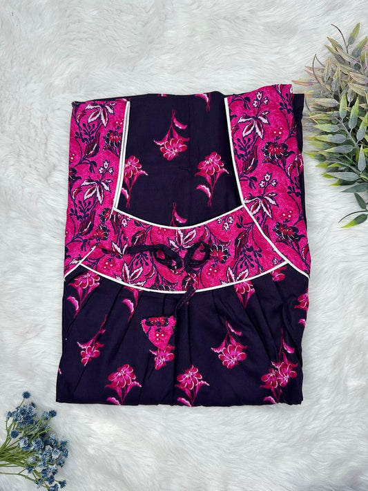 Oxford Blue and Dogwood Rose Printed Front and Claret Pleated Pure Cotton Nighty Free Size Short Sleeve (Suits for bra size 34″- 40″ | 54-56 inch length)