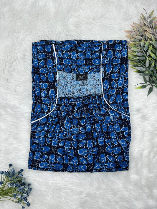 Cool Black Printed Pure Cotton Square Neck Elastic Pleated Nighty Free Size Short Sleeve (Suits for bra size 34″- 40″ | 54-56 inch length)