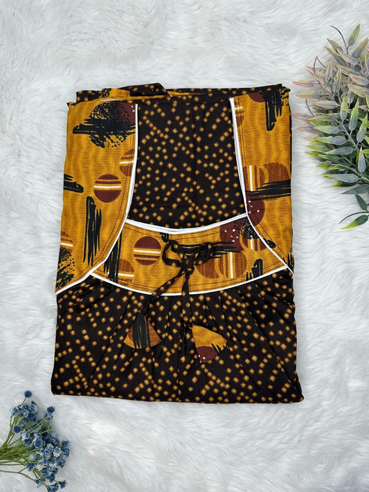 Onyx and Pale Brown Printed Front and Claret Pleated Pure Cotton Nighty Free Size Short Sleeve (Suits for bra size 34″- 40″ | 54-56 inch length)