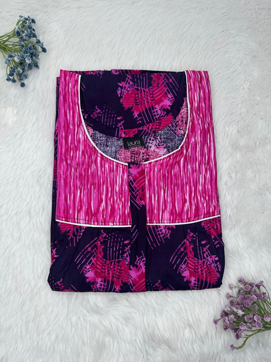 Hollywood Cerise Printed Mix N Match Round Neck Pleated Cotton Nighty With Centre -8″ Zip Short Sleeve Free Size (Suits for bra size 34″- 40″ | 54-56 inch length )