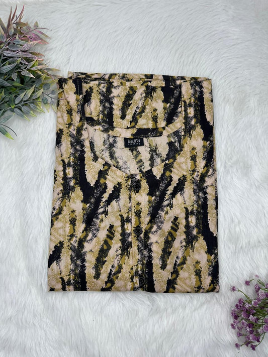 Pale Silver and Dark Tan Printed Round Neck Pure Cotton Full Open Button Labour Room Nighty Free Size Short Sleeve (Suits for bra size 34″- 40″ | 54-56 inch length)